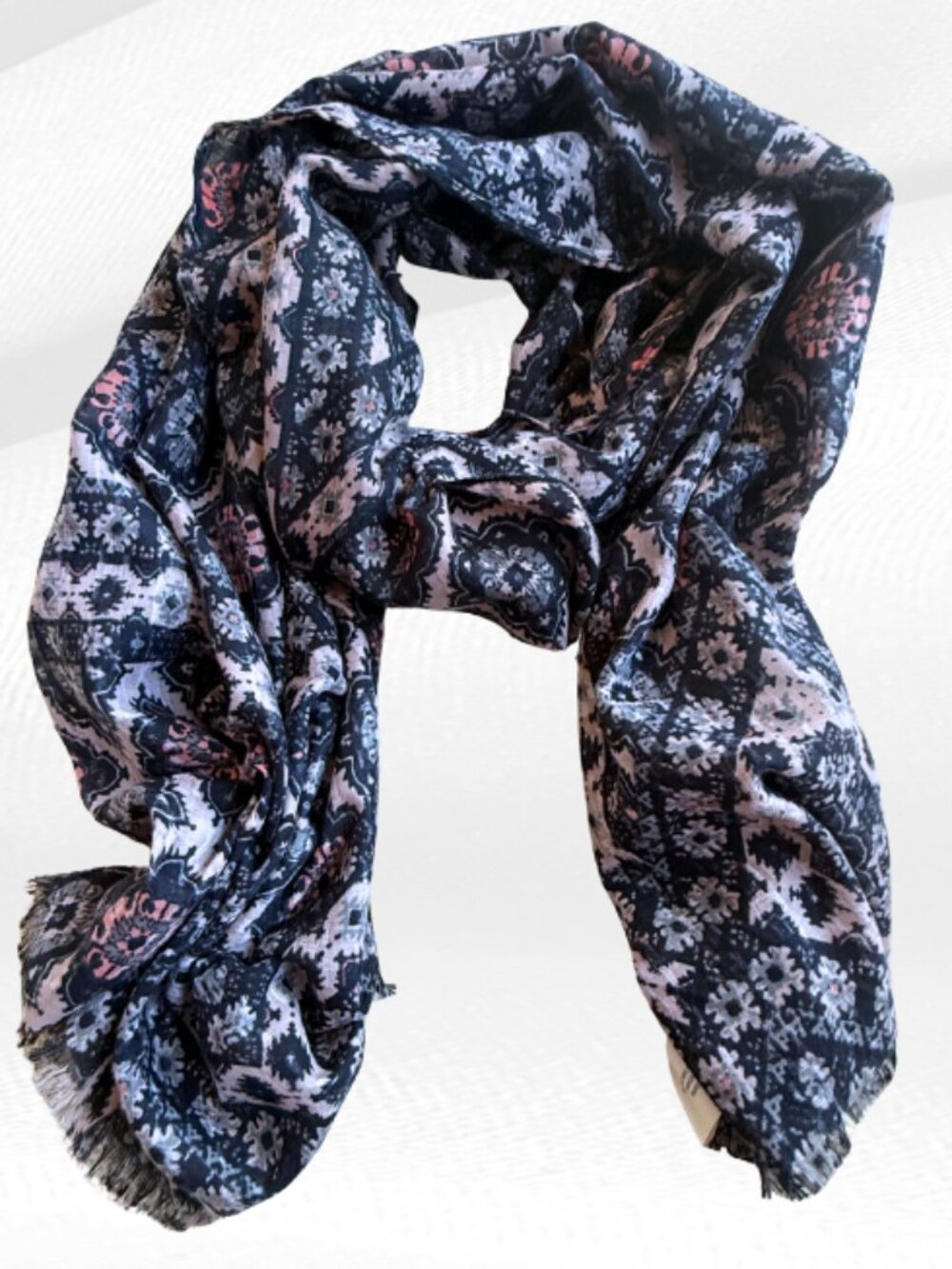 Lucky Brand Boho Medallion Print Scarf Navy Blue Mauve Pink Fringe L